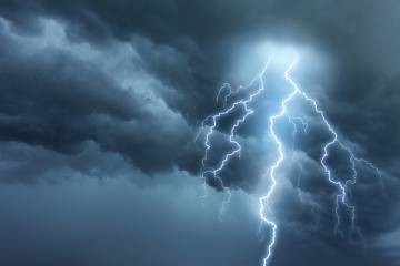 bright lightning illuminates dark cloudy sky